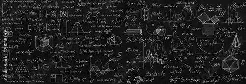 Panel kuchenny z motywem Blackboard inscribed with scientific formulas and calculations in physics and mathematics.