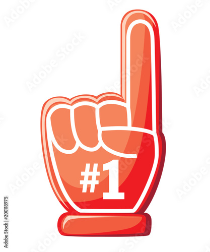 Number one glove. Red foam finger with 1. Vector illustration on isolated white background. Website page and mobile app design