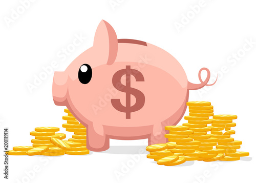Pig piggy bank with coins vector illustration in flat style. The concept of saving or save money or open a bank deposit. The idea of an icon of investments in the form of a toy pig piggy bank