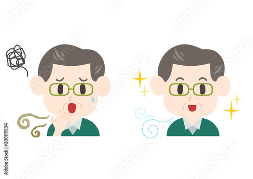 臭いに悩む中年男性のイラスト: ビフォーアフター 