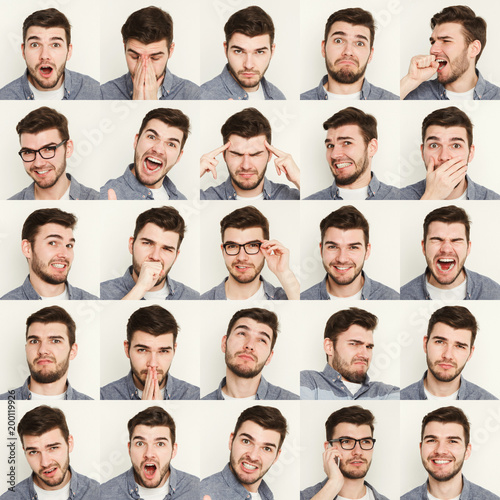 Set of young man different emotions at white studio background