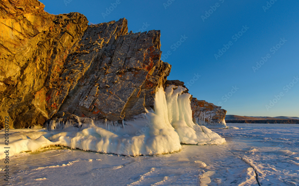 Russia. Fancy icy rocks of lake Baikal.