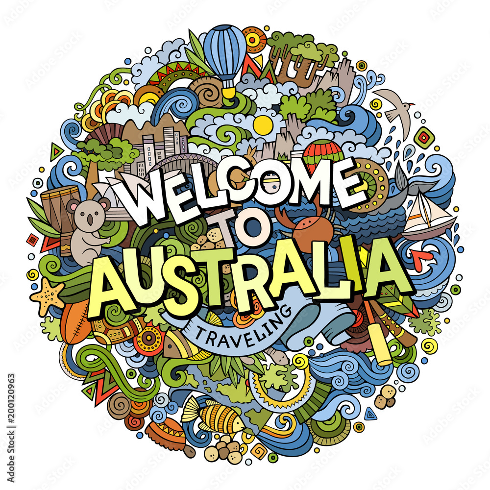 Cartoon cute doodles hand drawn Welcome to Australia inscription