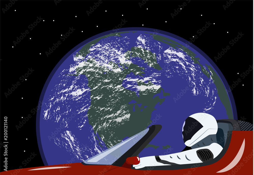 Fototapeta premium Vector illustration of astronaut sitting in a red car which is orbiting the Earth