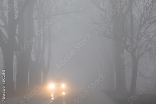 The car goes through the street in the fog.