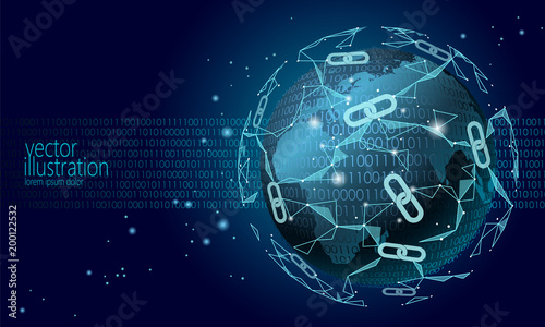 Global international blockchain cryptocurrency. Planet space low poly modern future technology finance banking design. Polygonal polygon triangle chain. Web security business vector illustration