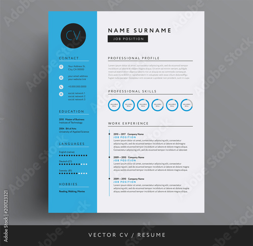 CV / resume design template blue color minimalist vector - modern curriculum vitae design