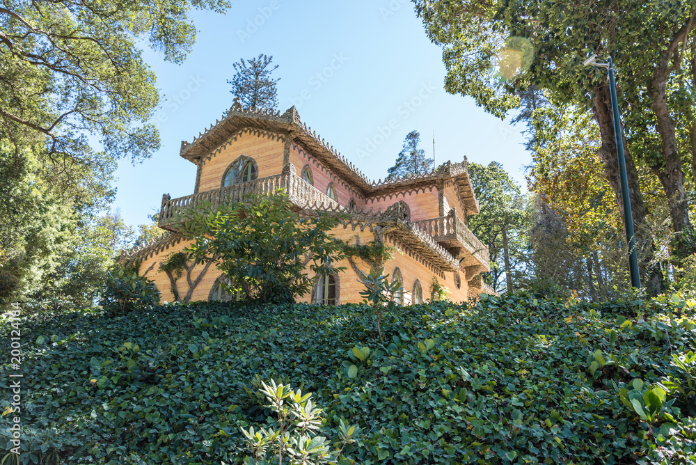 Chalet of the Countess of Edla decorated with cork in the Gardens of Palacio de Pena in the outskirts of Sintra in Portugal