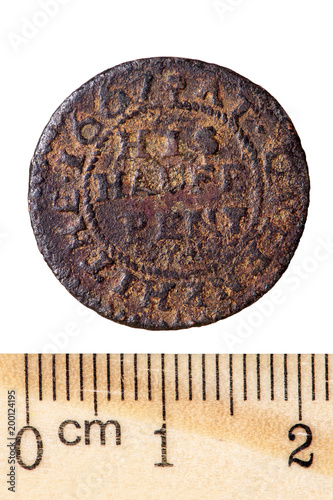 Ancient Copper English coin halfpenny. Reverse. Isolated on white