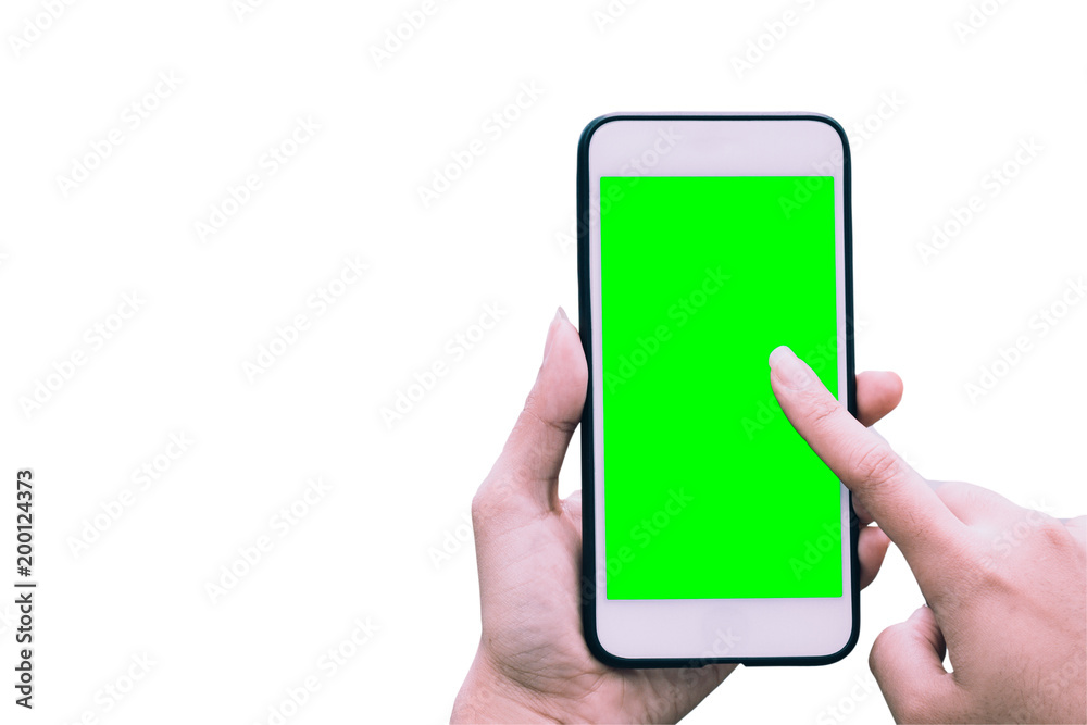 hand of pretty woman holding and touch mobile smart phone with chroma key green screen on white background, new technology concept with clipping path hand of pretty woman holding and touch mobile smart phone with chroma key green screen on white background, new technology concept with clipping path