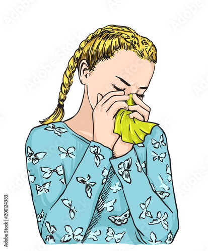 Beautiful blond bunches haired girl sneezing blowing nose on tissue because of spring allergy or crying. Vector sketch illustration