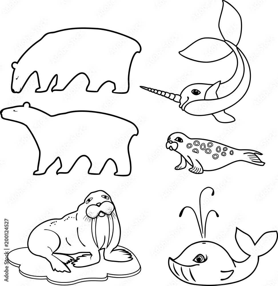 Fototapeta premium Coloring page. Set of different cartoon animals of polar fauna