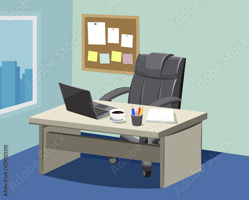 
Empty office with laptop and stack of papers. Looking for a new employee. Vector cartoon simple illustration.