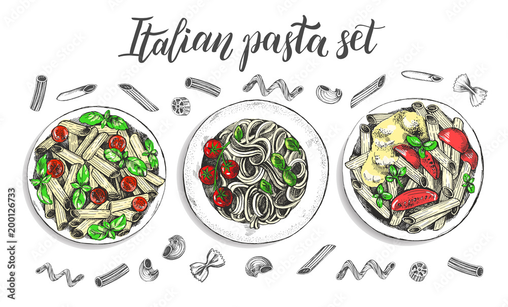 Spaghetti and penne pasta with cherry tomatoes and basil. Dish of Italian  cuisine. Ink hand drawn set with brush calligraphy style lettering. Vector  illustration. Top view. Food elements collection. Stock Vector