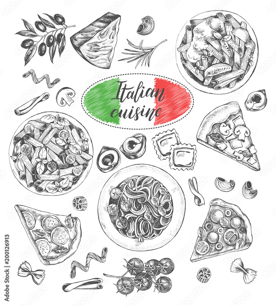Pasta dishes, pieces of pizza, ingredients of Italian cuisine. Set for