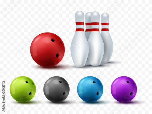 Bawling template. Vector colorful bowling balls and skittles isolated on transparent background.