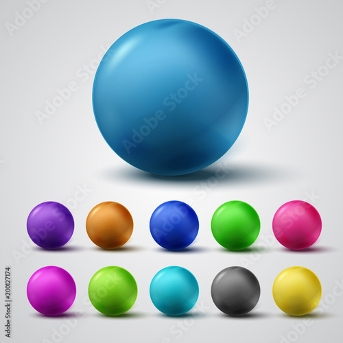 Set of colorful glossy spheres isolated on grey background. Vector bright balls.