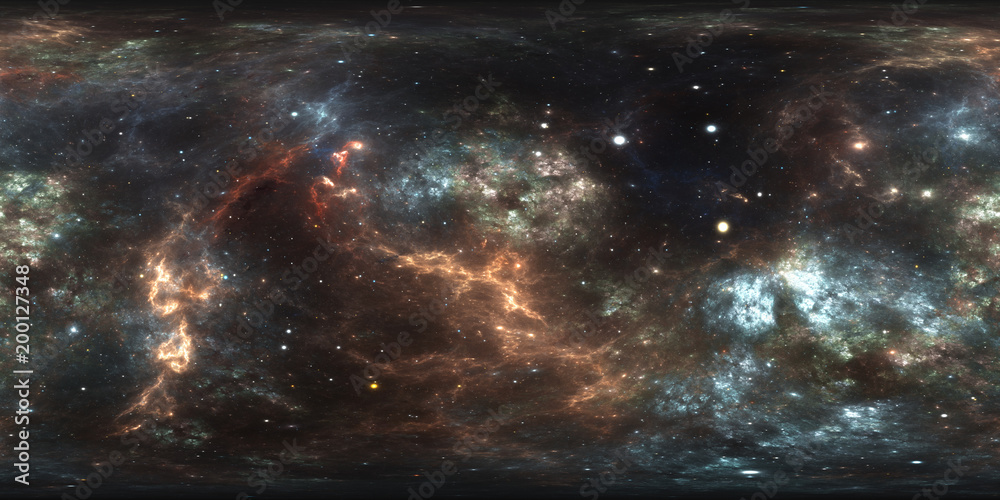 360 degree space nebula panorama, equirectangular projection, environment map. HDRI spherical panorama. Space background with nebula and stars.