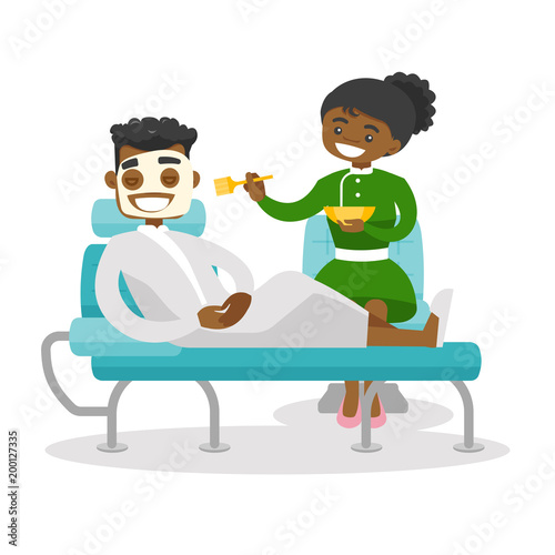 African-american cosmetologist applying cosmetic mask on the face of a client in beauty salon. Man during cosmetology procedure. Vector cartoon illustration isolated on white background. Square layout