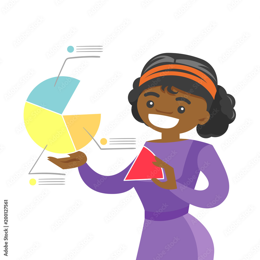 Young african-american shareholder taking the share of financial pie chart. Business woman sharing profit. Market share concept. Vector cartoon illustration isolated on white background. Square layout Young african-american shareholder taking the share of financial pie chart. Business woman sharing profit. Market share concept. Vector cartoon illustration isolated on white background. Square layout