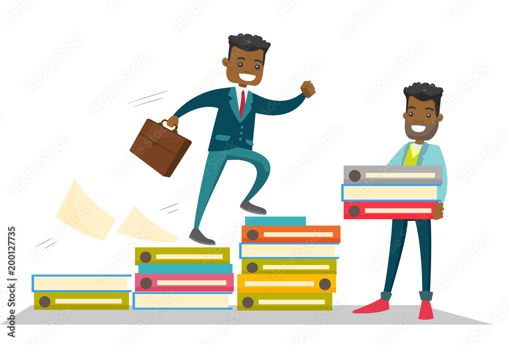Young african-american businessman runs up the stairs while another man builds this ladder from folders. Happy man climbing the career ladder. Vector cartoon illustration isolated on white background. Young african-american businessman runs up the stairs while another man builds this ladder from folders. Happy man climbing the career ladder. Vector cartoon illustration isolated on white background.