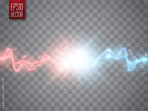 Collision of two forces with red and blue light. Vector versus concept.