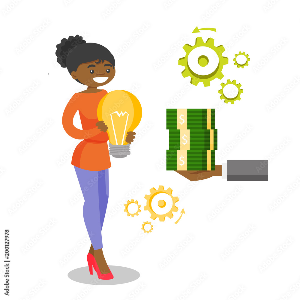 Young african-american business woman exchanging her business idea light bulb for stack of money. Business woman selling her business idea. Vector cartoon illustration isolated on white background.