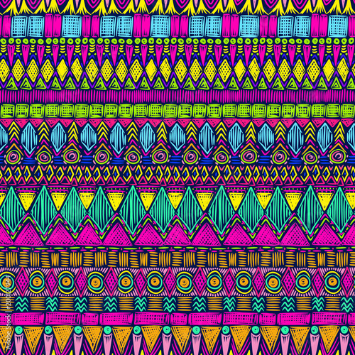 Tribal pattern. Aztec fabric. Mystical ornament. Surreal symbols print. Clothes or interior design. Boho fashion. Traditional homespun textile. Vector seamless pattern.