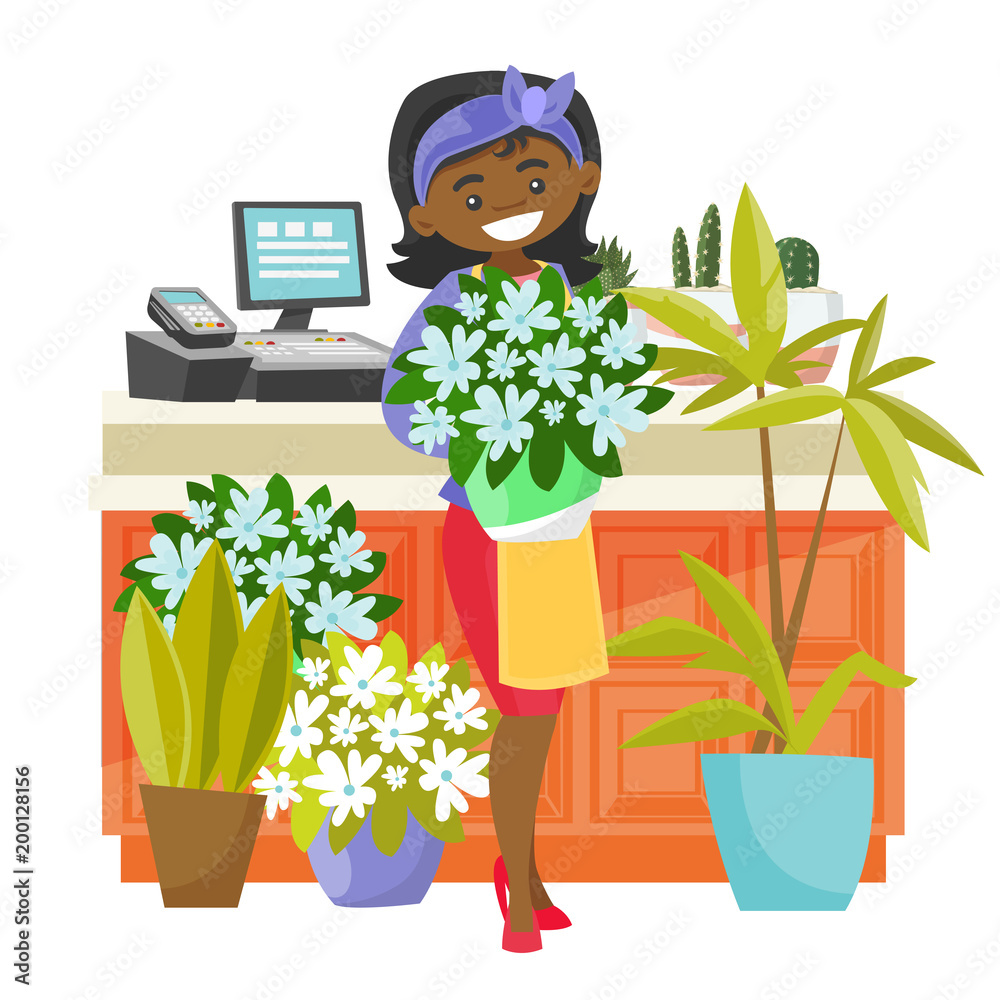 Young cheerful african-american business owner standing near the counter  and holding a bouquet of flowers in a flower shop. Vector cartoon  illustration isolated on white background. Square layout. Stock Vector |  Adobe