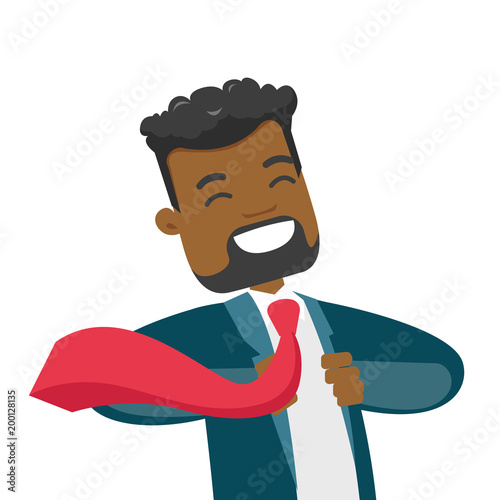 Young happy african-american powerful businessman opening his jacket like superhero