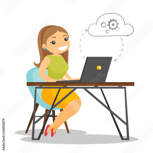 Young caucasian white business woman working on a laptop under the cloud. Woman using cloud computing technologies. Cloud computing concept. Vector cartoon illustration isolated on white background.