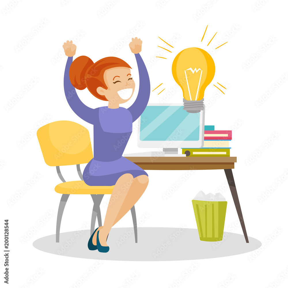 Young caucasian white business woman working on a laptop on a new business idea. Happy woman got a creative idea. Business idea concept. Vector cartoon illustration isolated on white background. Young caucasian white business woman working on a laptop on a new business idea. Happy woman got a creative idea. Business idea concept. Vector cartoon illustration isolated on white background.