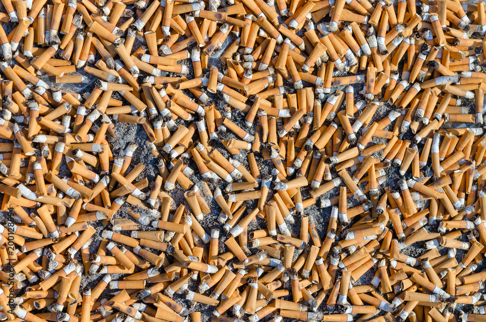 Garbage from large number of cigarette butts, background