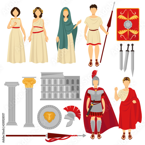 Ancient Rome male and female characters and old relics