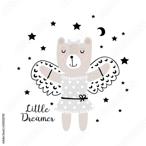 Plakat Ładny mały niedźwiedź marzy o lataniu. Może być stosowany do nadruku na koszulki dla dzieci, projektowania modowego, odzieży dziecięcej, powitania z okazji powitania dziecka i karty z zaproszeniem. Dziewczynka.