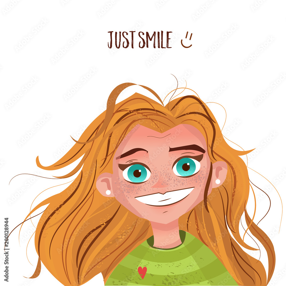 Character cute girl with red hair card just smile Character cute girl with red hair card just smile