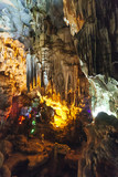 Inside Dong Thien Cung Cave that decorated with artificial green lights at Ha Long Bay. Quang Ninh, Vietnam.