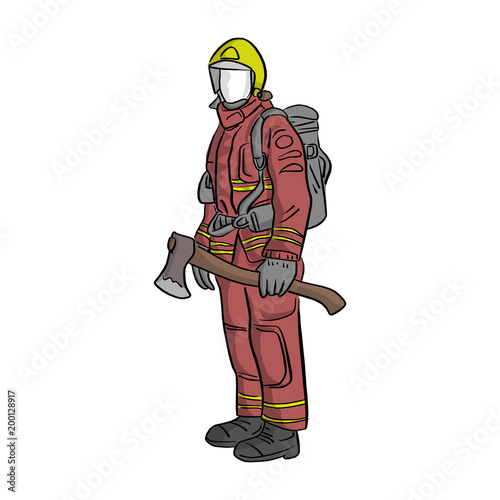 firefighter standing with big axe vector illustration sketch hand drawn with black lines isolated on white background