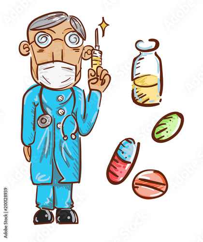 had draw sketch style illustration  - doctor with pill and vaccine treatment