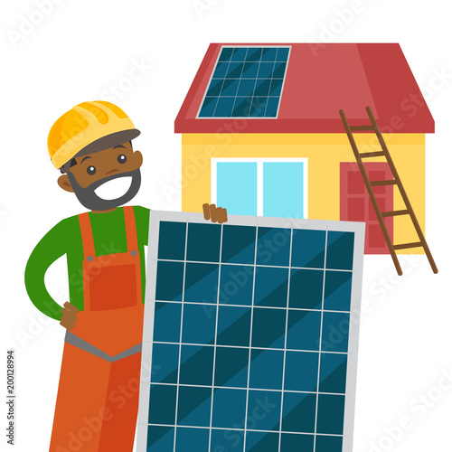 Young african-american engineer installing solar panel on the roof. Engineer in hard hat adjusting solar panel. Renewable energy concept. Vector cartoon illustration isolated on white background.