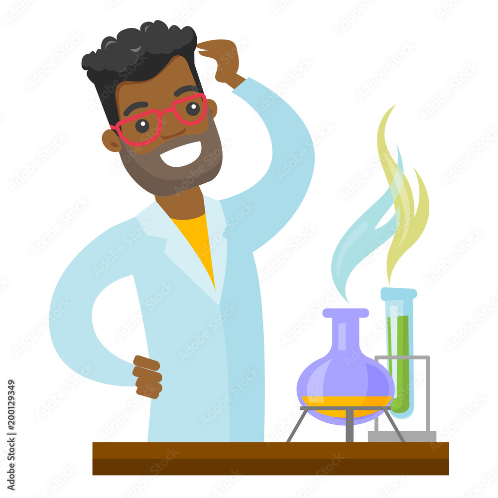 African-american student carrying out experiment in chemistry class. Young student scratching head because of failed experiment. Vector cartoon illustration isolated on white background. Square layout African-american student carrying out experiment in chemistry class. Young student scratching head because of failed experiment. Vector cartoon illustration isolated on white background. Square layout