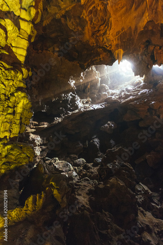Inside Dong Thien Cung Cave that decorated with artificial green lights at Ha Long Bay. Quang Ninh  Vietnam.