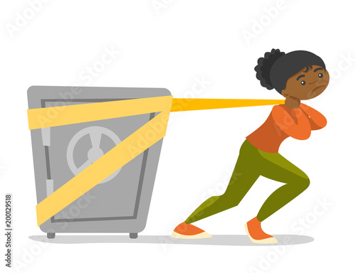 Young african-american woman pulling heavy safe symbolizing student loan and debt. Concept of the high cost of student loan. Vector cartoon illustration isolated on white background. Horizontal layout