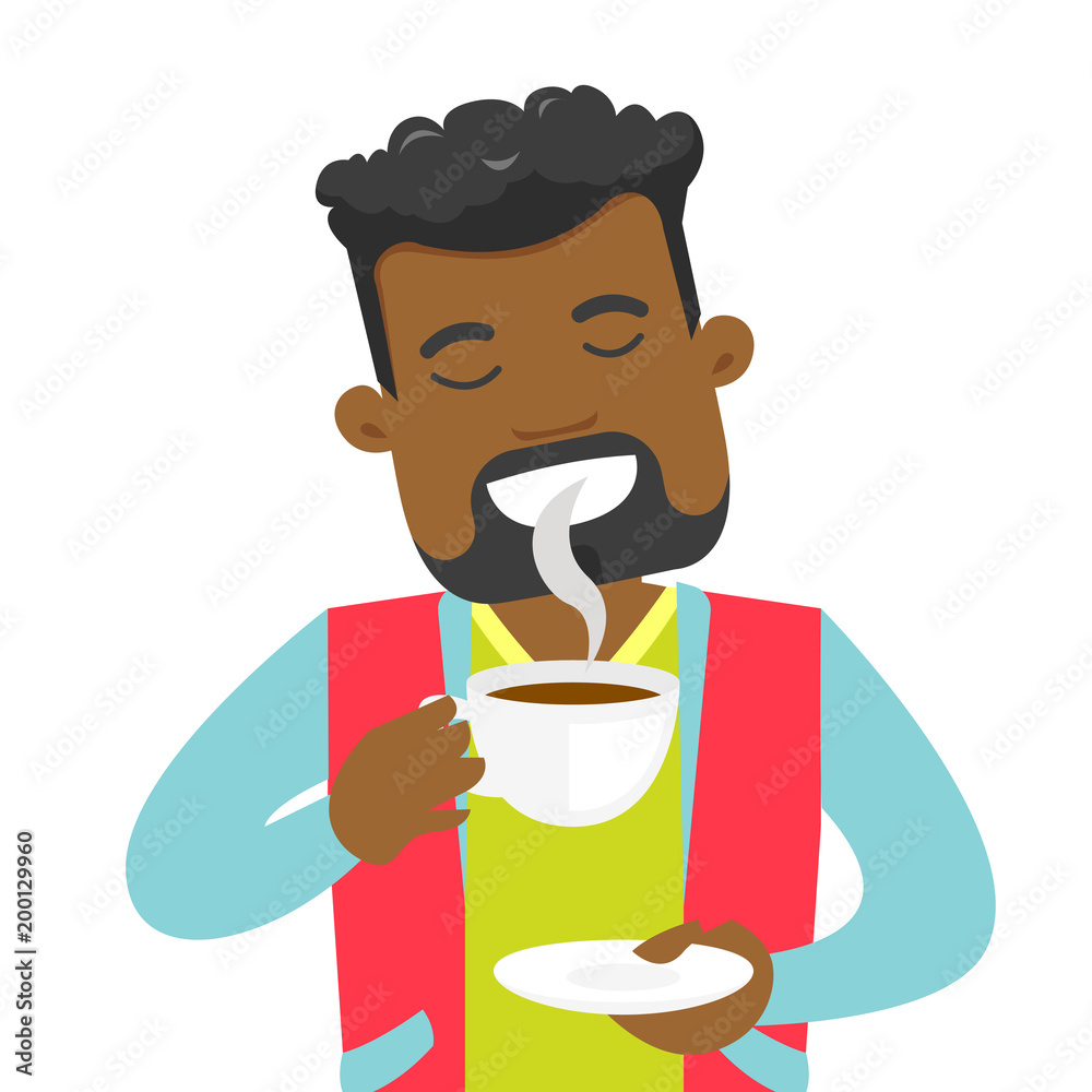 Pleased african-american man with closed eyes drinking hot flavored coffee. Young man holding a cup of coffee with steam. Vector cartoon illustration isolated on white background. Square layout. Pleased african-american man with closed eyes drinking hot flavored coffee. Young man holding a cup of coffee with steam. Vector cartoon illustration isolated on white background. Square layout.