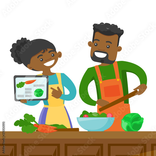 African-american couple following a vegetable meal recipe on tablet and cooking meal together. Couple looking for a recipe in a digital tablet. Vector cartoon illustration isolated on white background