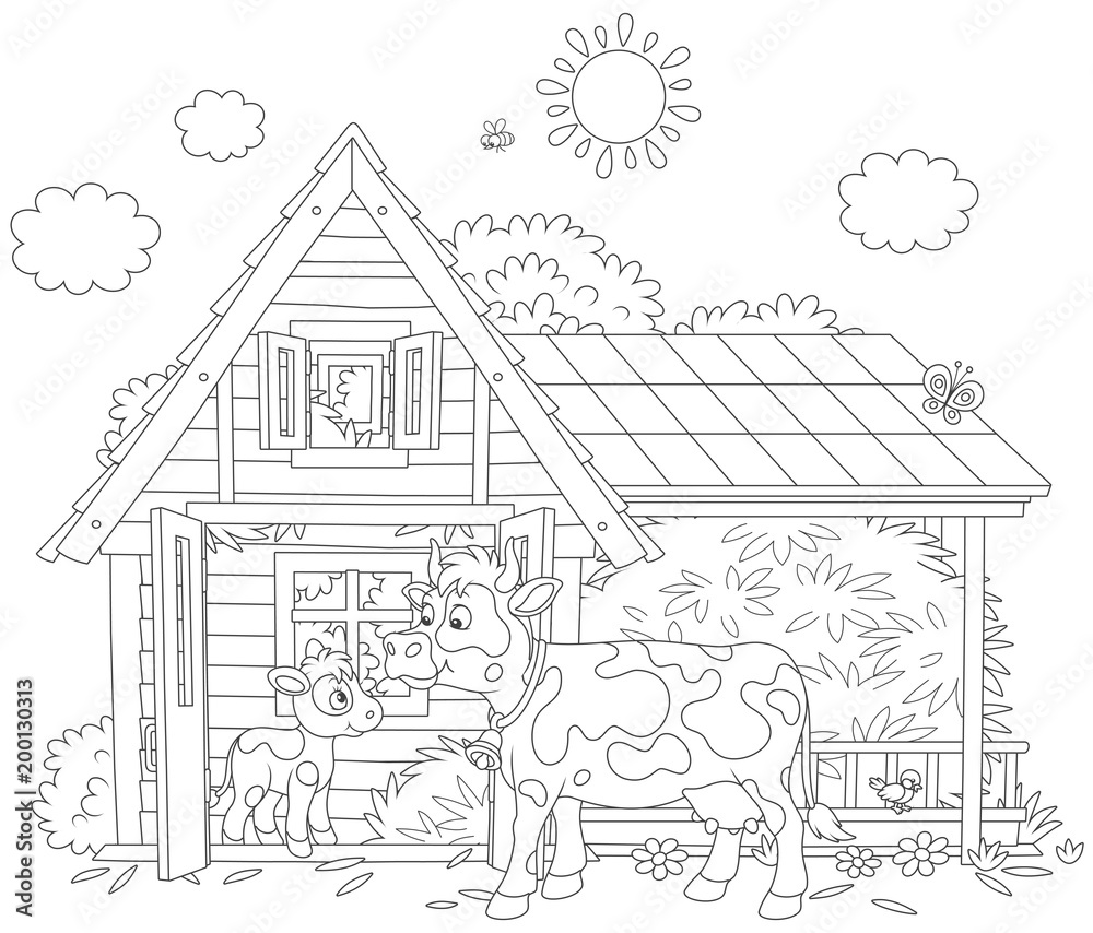 Spotted cow and her small calf near their barn on a milk farm, a black and white vector illustration in a cartoon style for a coloring book