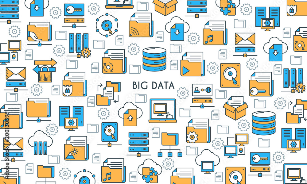 Fototapeta premium Big data technology banner. Modern icons on theme storage, analysis, organization, synchronization and data transfer. Flat line design icons collection. Vector illustration