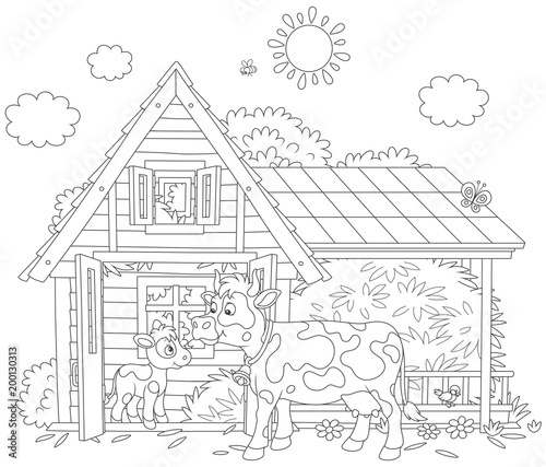 Spotted cow and her small calf near their barn on a milk farm, a black and white vector illustration in a cartoon style for a coloring book