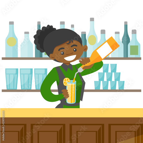 Young african-american female bartender standing at the bar counter and making a cocktail with help of the bar equipment. Vector cartoon illustration isolated on white background. Square layout.