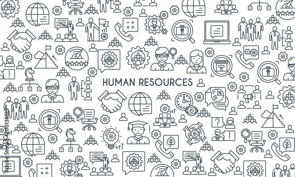 Business management and human resources banner. Modern icons on theme business people, analysis, organization, conference and office working. Thin line design icons collection. Vector illustrationr Business management and human resources banner. Modern icons on theme business people, analysis, organization, conference and office working. Thin line design icons collection. Vector illustrationr